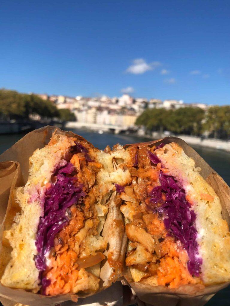 vegan food Savory Vegan Barbecue Waffle from Oupsi at vegan place lyon france on place de la republique in 2022