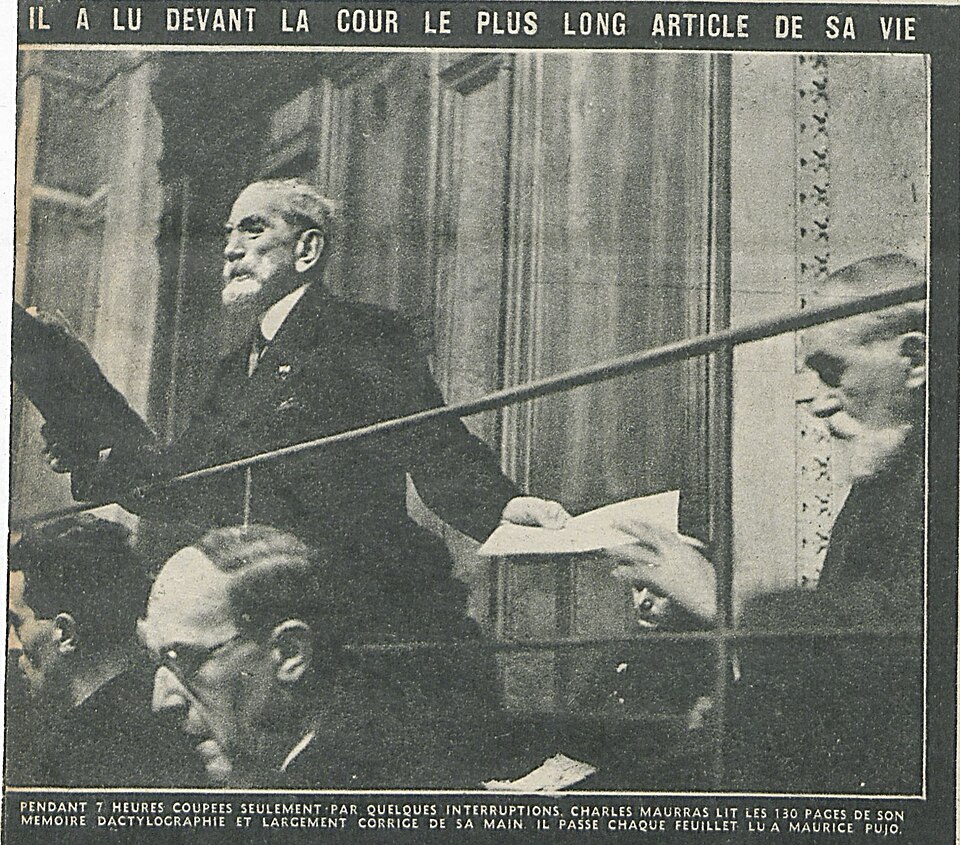 19450201 Maurras lit sa plaidoirie à Lyon lors de son procès ouvert le 24 janvier à Lyon