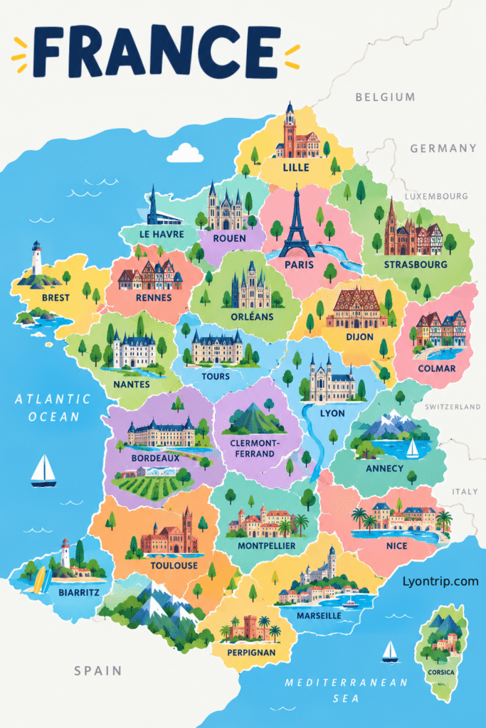Map of France with cities and surrounding countries lyon trip